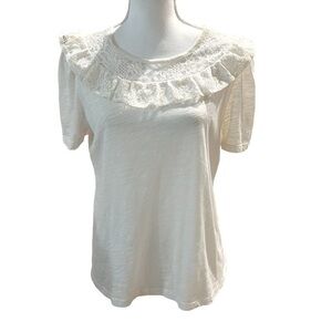 Ann Taylor Off White T-Shirt with Ruffle Lace Neckline Women’s Size Medium